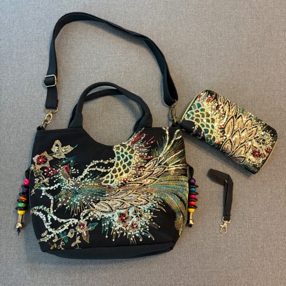 Peacock Embroidered Sequin Bag & Wallet Set Boho Maximalist Artsy Colorful Party